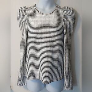 White and Black Striped Puffed Shoulder Blouse